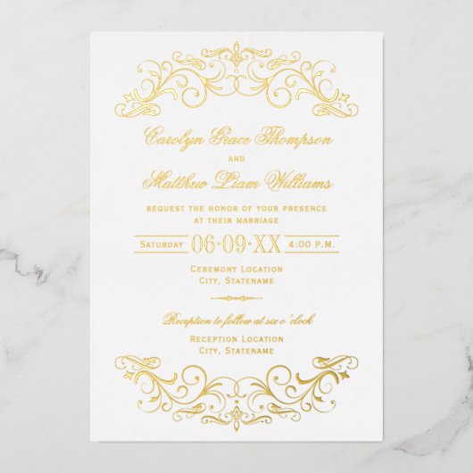  gouden bloei witte bruiloft folie uitnodiging (Voorkant)