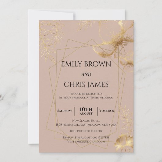 Gouden Bloeiende Bloem | Moderne Trouwceremonie Kaart (Voorkant)