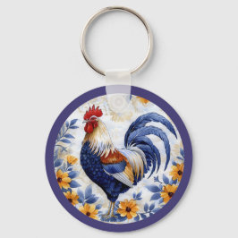 Gouden Bloem Blauw Haan Boerderij Sleutelhanger