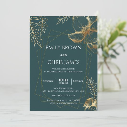 Gouden bloem bloei | Moderne trouwceremonie Kaart (Staand voorkant)