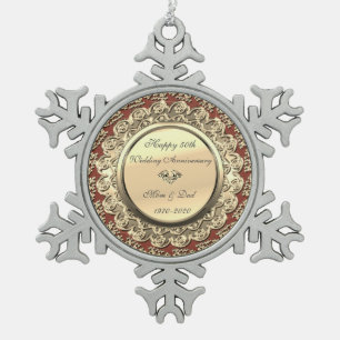 Gouden Bloem Burgundy 50ste Huwelijksverjaardag Tin Sneeuwvlok Ornament