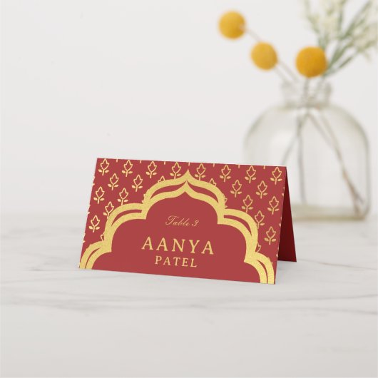 Gouden Bloem en Mundap Arch Bruiloft Escort Naam Plaatskaartje (Voorkant)