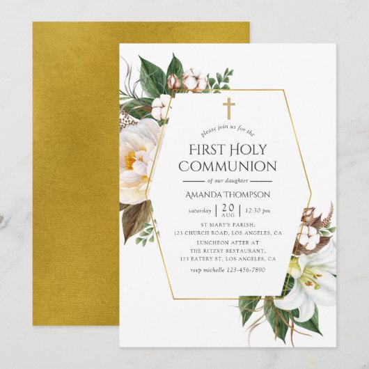 Gouden Bloem Geometrische Eerste Heilige Communie Kaart (Voorkant / Achterkant)