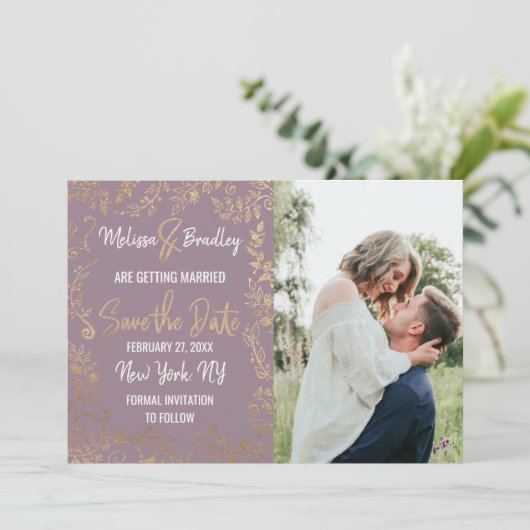 Gouden Bloem Glitter Ombre Mauve Lila Bewaar Datum Kaart (Staand voorkant)