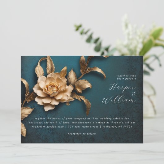 Gouden bloem horizontale bruiloft uitnodiging (Staand voorkant)