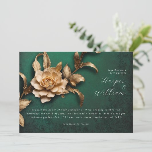 Gouden bloem horizontale bruiloft uitnodiging (Staand voorkant)