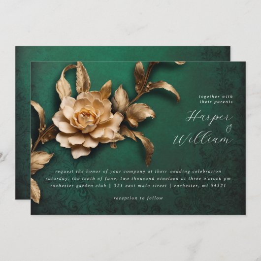 Gouden bloem horizontale bruiloft uitnodiging (Voorkant / Achterkant)