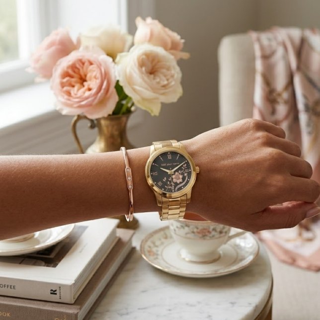 Gouden bloem horloge met eigen naam (Creator heeft geüpload)