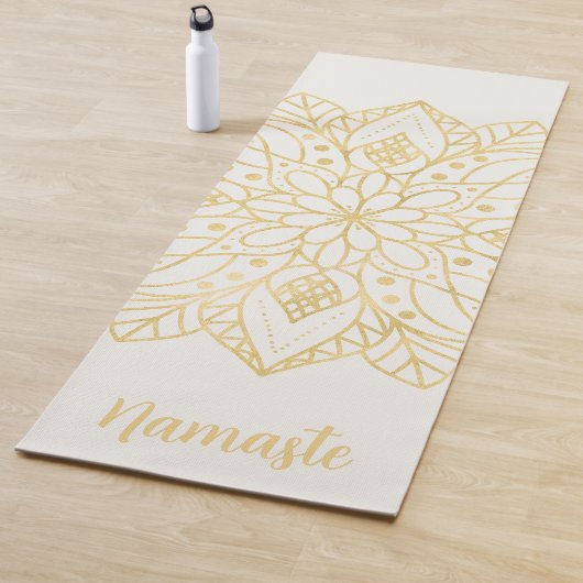 Gouden Bloem Mandala Wit Aangepaste Naam Yoga Mat (In situ)