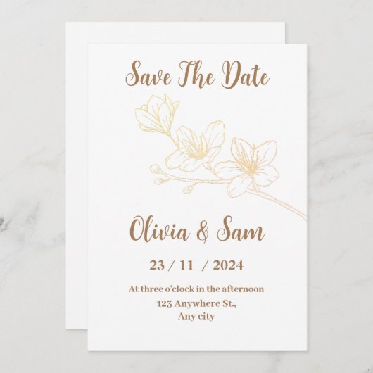 Gouden Bloem Minimaal Wit Save the Date Uitnodigin (Voorkant / Achterkant)