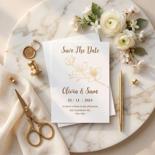 Gouden Bloem Minimal Wit Save the Date Uitnodiging