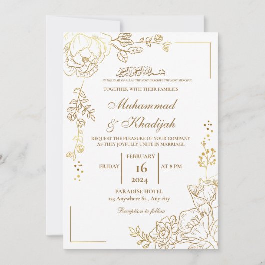 Gouden Bloem Moderne Moslim Bruiloft Nikah Kaart (Voorkant)