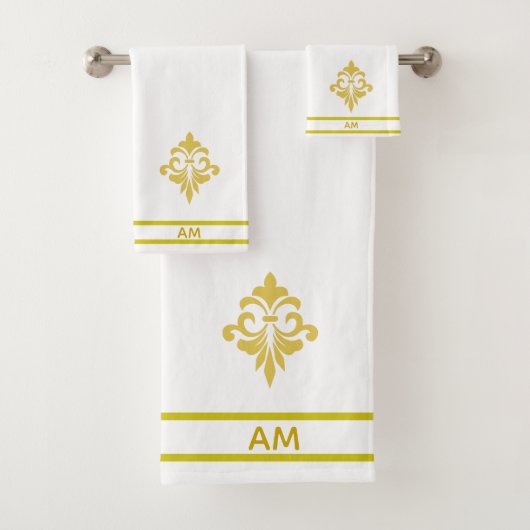 Gouden Bloem, Monogram en Strepen op Wit Bad Handdoek (Insitu)