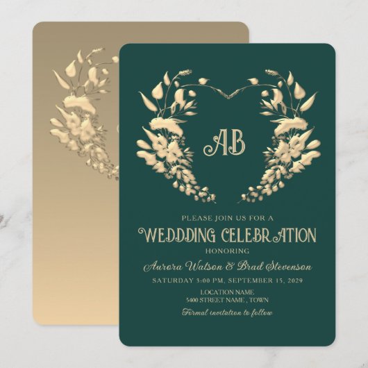 Gouden Bloem Monogram Smaragd Trouw Kaart (Voorkant / Achterkant)