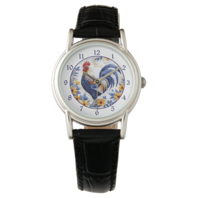 Gouden Bloem Motief Blauwe Haan Horloge (Voorkant)