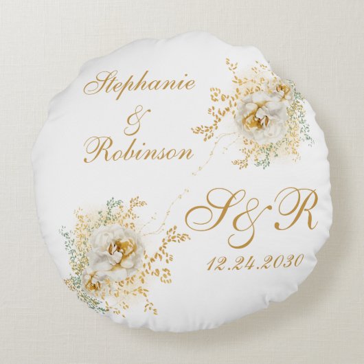 Gouden Bloem Motief Logo Trouwcadeau Rond Kussen (Achterkant)