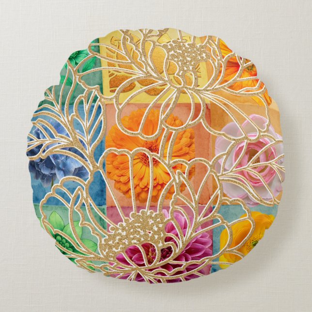 Gouden Bloem Mozaïek Ronde Kussen  (Voorkant)