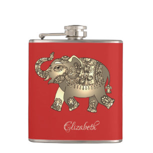 Gouden Bloem Paisley Olifant,Rood - Persoonlijk Heupfles
