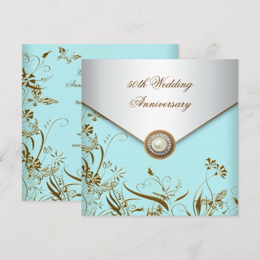 Gouden Bloem Parel Groenblauw 50ste Trouwdagjubile Kaart (Voorkant / Achterkant)