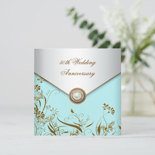 Gouden Bloem Parel Groenblauw 50ste Trouwdagjubile Kaart (Staand voorkant)