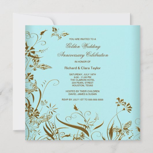 Gouden Bloem Parel Groenblauw 50ste Trouwdagjubile Kaart (Achterkant)