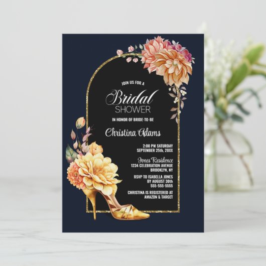 Gouden Bloem Stiletto Schoen Blauwe Boog Bruidsmei Kaart (Staand voorkant)