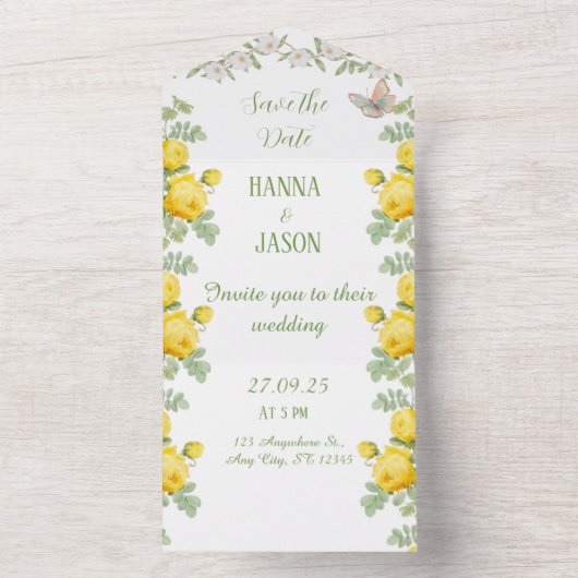 Gouden Bloem: stralende gele roos All In One Uitnodiging (Binnen)