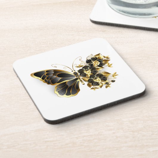 Gouden Bloem Vlinder met Zwarte Orchidee Bier Onderzetter (Linkerzijde)