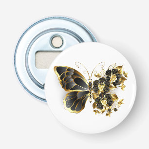 Gouden Bloem Vlinder met Zwarte Orchidee Button Flesopener
