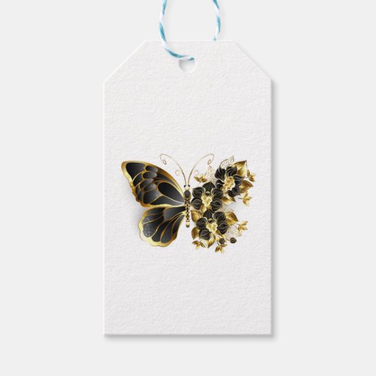 Gouden Bloem Vlinder met Zwarte Orchidee Cadeaulabel (Voorkant)