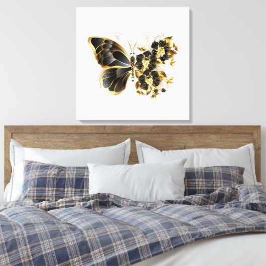 Gouden Bloem Vlinder met Zwarte Orchidee Canvas Afdruk (Insitu (Slaapkamer))