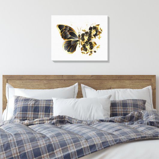 Gouden Bloem Vlinder met Zwarte Orchidee Canvas Afdruk (Insitu (Slaapkamer))