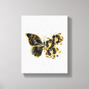Gouden Bloem Vlinder met Zwarte Orchidee Canvas Afdruk