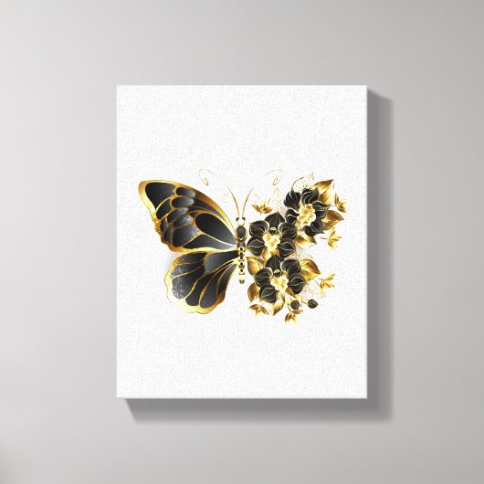 Gouden Bloem Vlinder met Zwarte Orchidee Canvas Afdruk (Voorkant)
