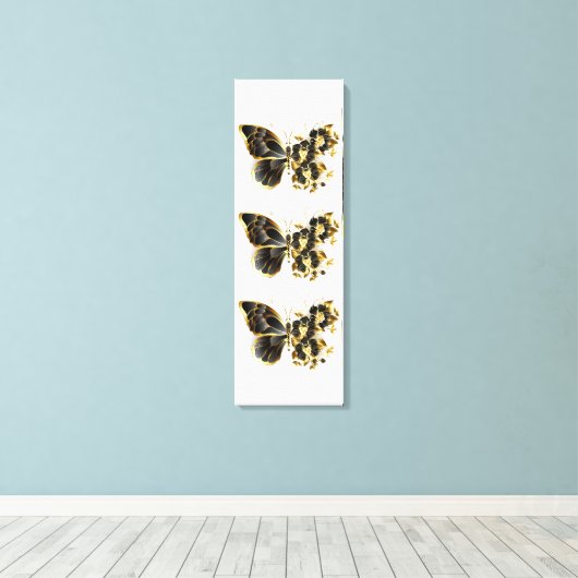 Gouden Bloem Vlinder met Zwarte Orchidee Canvas Afdruk (Insitu (Houten vloer))