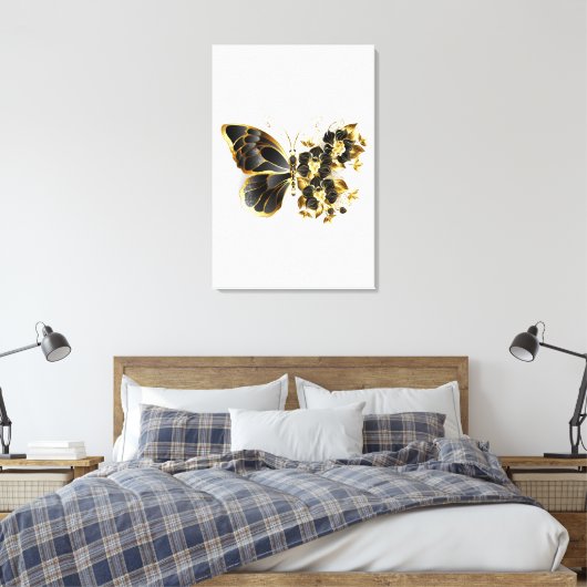 Gouden Bloem Vlinder met Zwarte Orchidee Canvas Afdruk (Insitu (Slaapkamer))