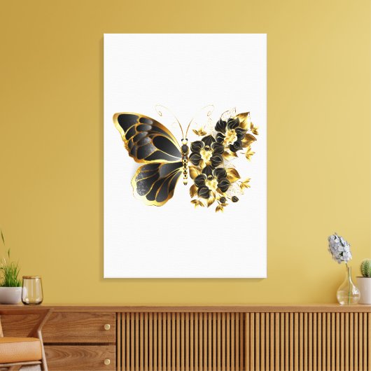 Gouden Bloem Vlinder met Zwarte Orchidee Canvas Afdruk (Insitu (Woonkamer))