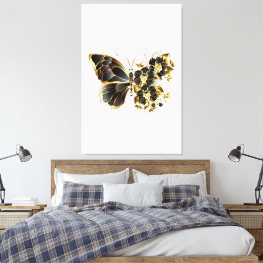 Gouden Bloem Vlinder met Zwarte Orchidee Canvas Afdruk (Insitu (Slaapkamer))