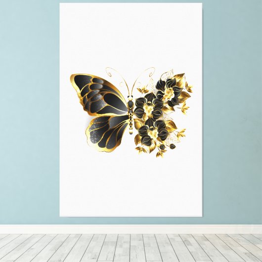 Gouden Bloem Vlinder met Zwarte Orchidee Canvas Afdruk (Insitu (Houten vloer))