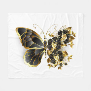 Gouden Bloem Vlinder met Zwarte Orchidee Fleece Deken