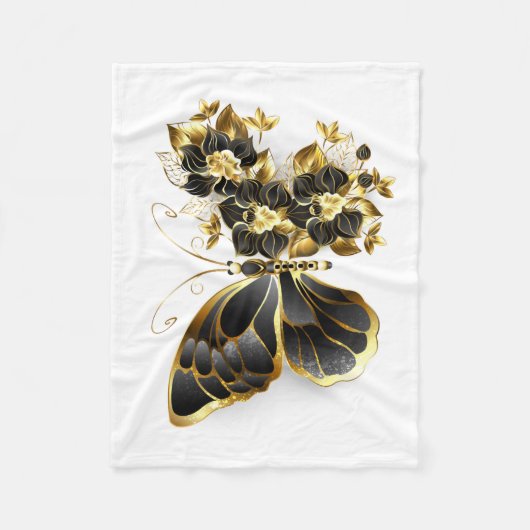 Gouden Bloem Vlinder met Zwarte Orchidee Fleece Deken (Voorkant)
