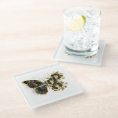 Gouden Bloem Vlinder met Zwarte Orchidee Glazen Onderzetter (Schuin)