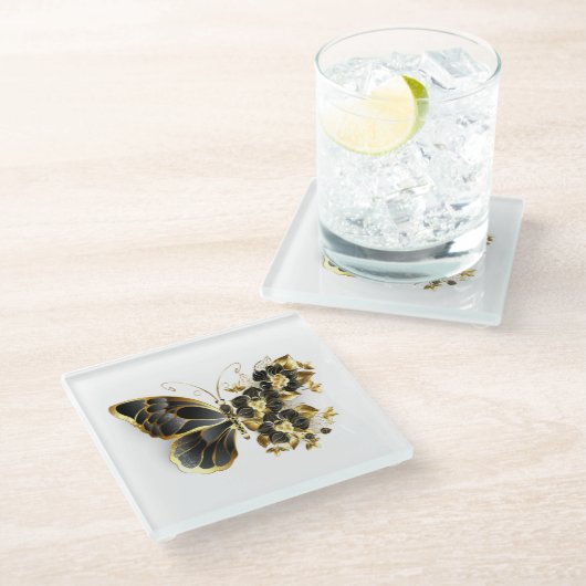 Gouden Bloem Vlinder met Zwarte Orchidee Glazen Onderzetter (Schuin)