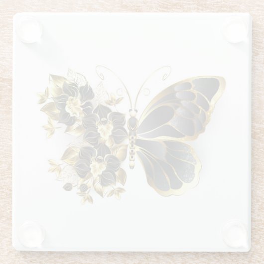 Gouden Bloem Vlinder met Zwarte Orchidee Glazen Onderzetter (Achterkant)