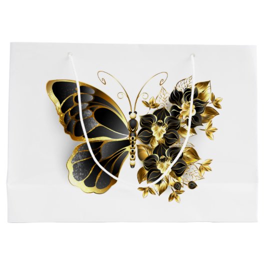 Gouden Bloem Vlinder met Zwarte Orchidee Groot Cadeauzakje (Achterkant)