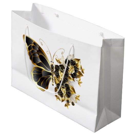 Gouden Bloem Vlinder met Zwarte Orchidee Groot Cadeauzakje (Voorkant Gekanteld)