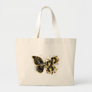Gouden Bloem Vlinder met Zwarte Orchidee Grote Tote Bag