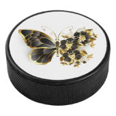 Gouden Bloem Vlinder met Zwarte Orchidee Hockey Puck (3/4)