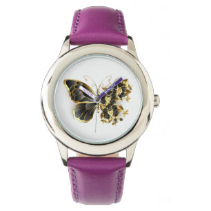 Gouden Bloem Vlinder met Zwarte Orchidee Horloge