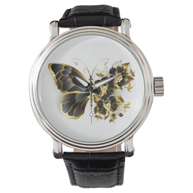 Gouden Bloem Vlinder met Zwarte Orchidee Horloge (Voorkant)